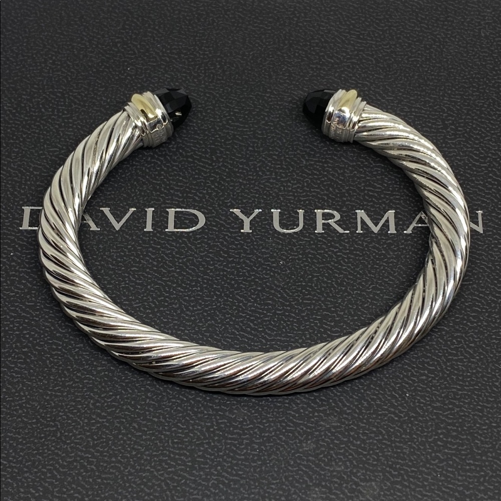 David Yurman Silver Cable Cuff with Black Onyx Terminals and Gold Accents